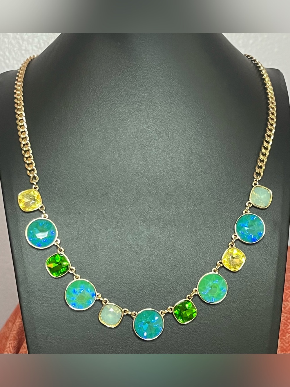 Gold Chain Necklace w/ Blue, Green & Yellow Crystal AB Gem Accents 16-18”